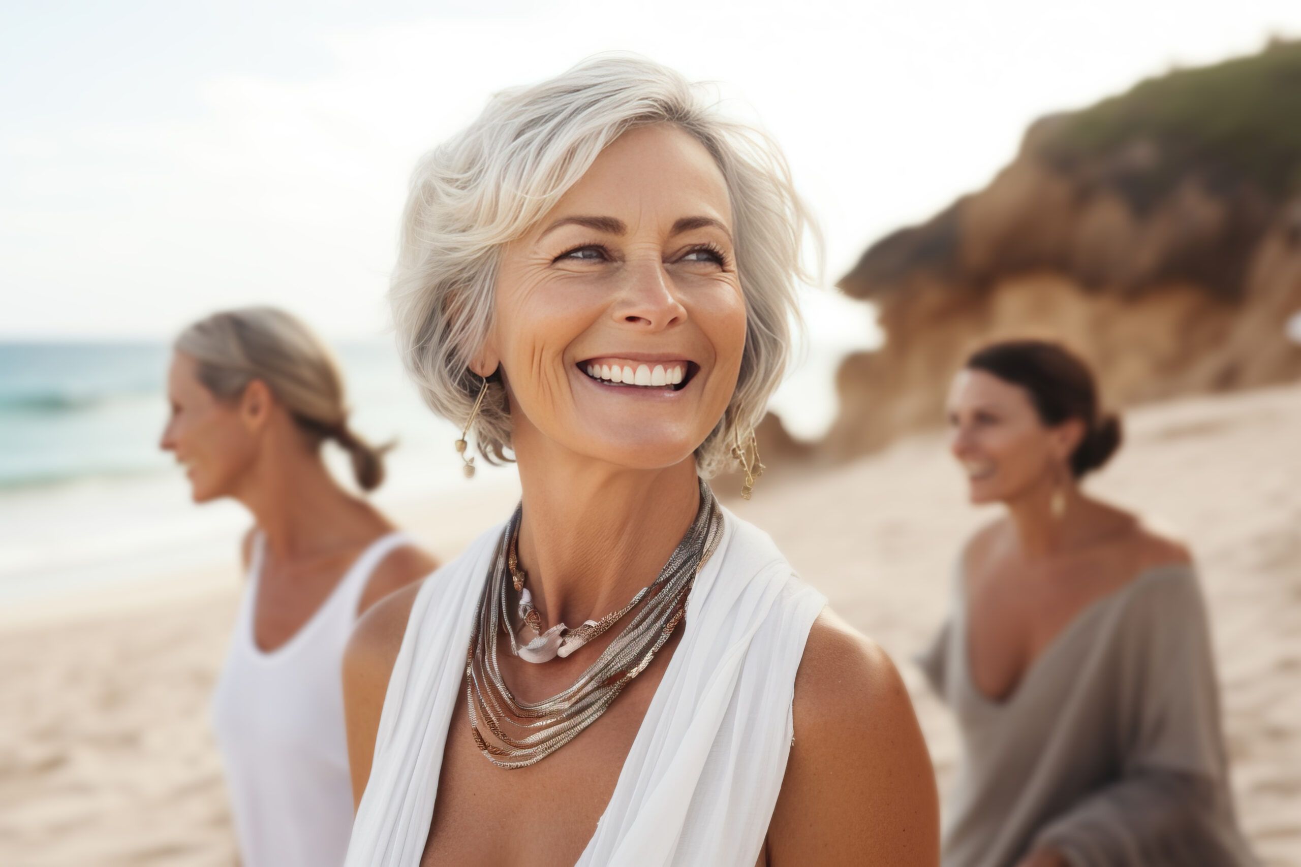 Youthful mature woman having fun at the beach, generative ai